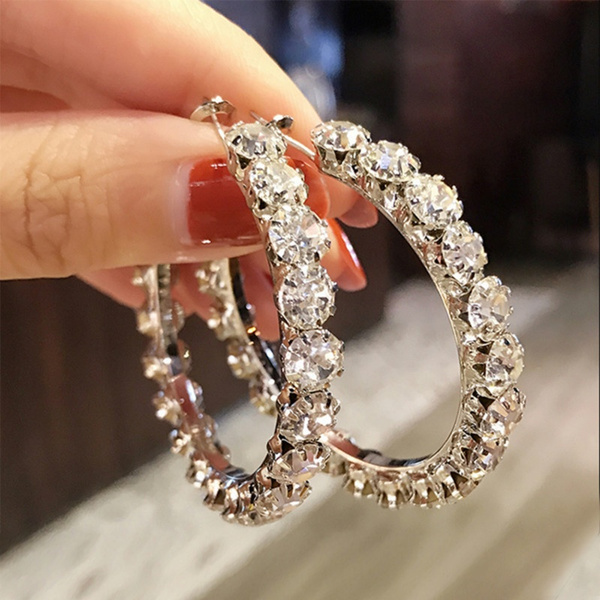 Luxury Fashion Silver Plated Female Big White Sapphire Round Hoop Earrings  Gold Silver Rose Gold Color Wedding Earrings Double Lab Diamond Earrings  for Women | Wish