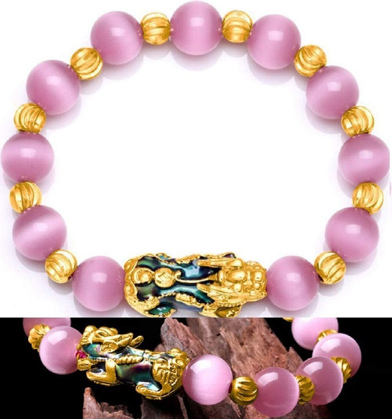 Pink Women's FengShui Bracelet Pink Cat Eyes Stone with Gold ColorChanging PiXiu 