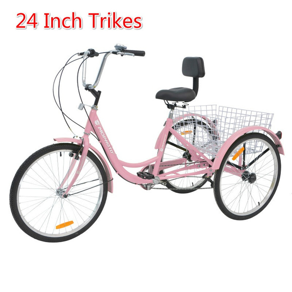 Bicycles Cruise Trike with Shopping Basket for Seniors Women Men 24-inch Adult Tricycles 7 Speed 3 Wheel Bikes White 【Shipping from US】