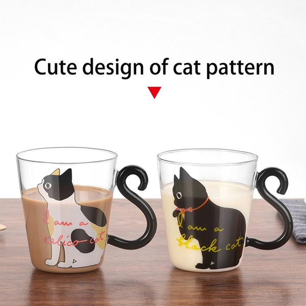 Cute Kitty Glass Water Cup Cat Tail Handle Mug Milk Tea Coffee Fruit Juice  Mug