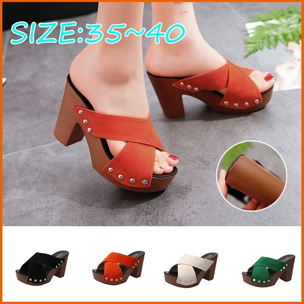 Rubber Clogs Women Slippers Retro Clogs Thick High Heels Rivets Cross ...