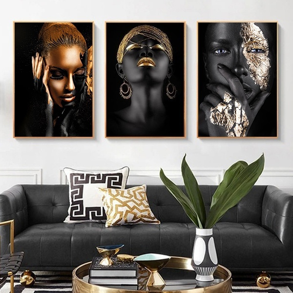 (Framed) Print Modern Black and Gold Woman Oil Painting on Canvas ...