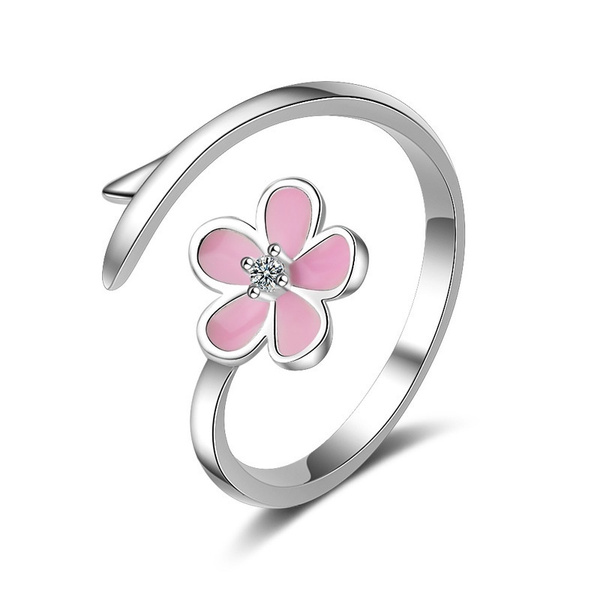 Elegant Pink Flower Set on a Silver Adjustable Ring