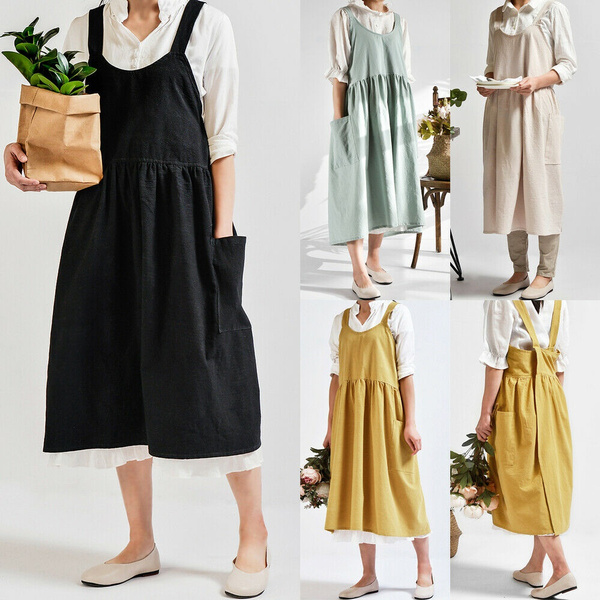 Women Cotton Linen Cross Back Apron Japanese Housework Baking Wrap Florist Dress 