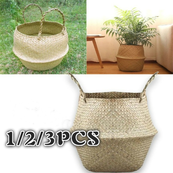 Basket Rattan Folding Wicker Handle Round Natural Sea Grass Plant Storage Decor