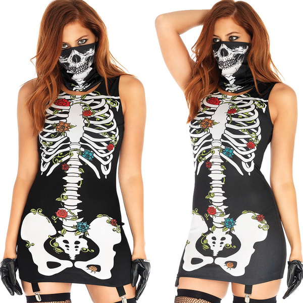 Halloween Bodysuit Rose Skeleton Print Costume Cosplay Fancy Dress Scary Outfits
