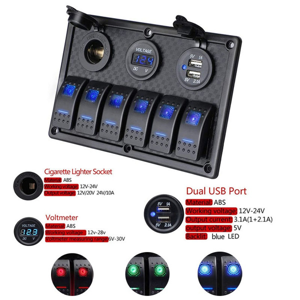 6 Gang Car Marine Boat Circuit RV LED Toggle Rocker Switch Panel