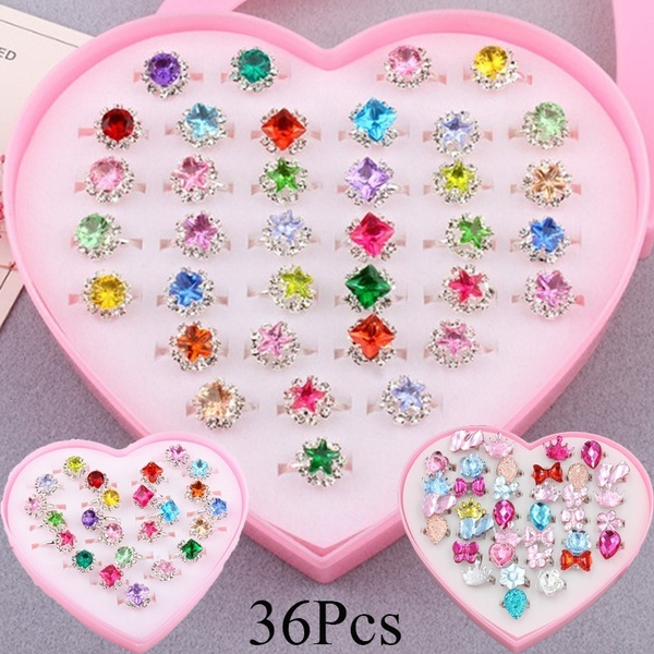 36Pcs/Set Cute Cartoon Rings Little Girls Jewelry Kids Birthday Gifts- with  Box