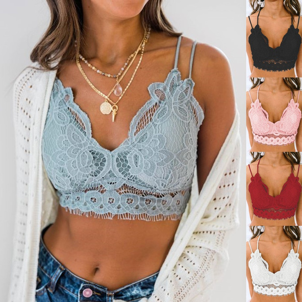 Women's Fashion Sexy See Through Crop Top Solid Color Plus Size Summer Tank  Top Casual Lace Bralette Top