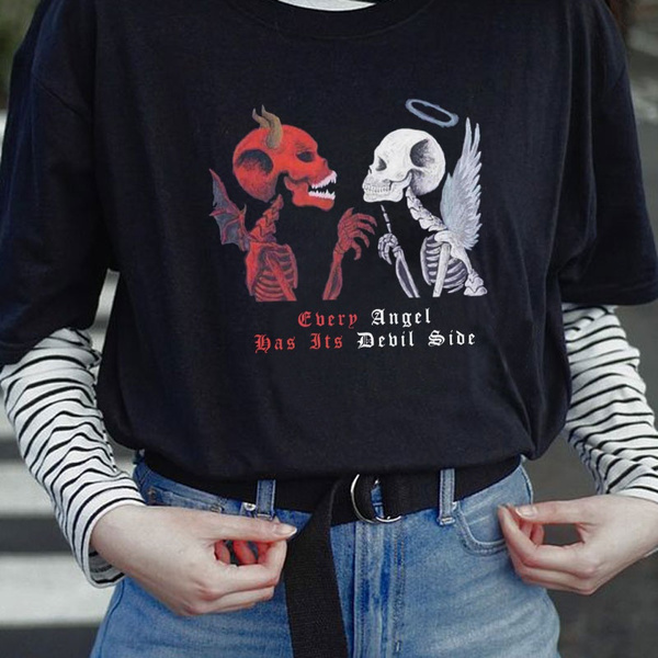 Every Angel Has Its Devil Side Black T-Shirt Women's Street Style Grunge  Skeleton Skull Tee Gothic Devil Shirt