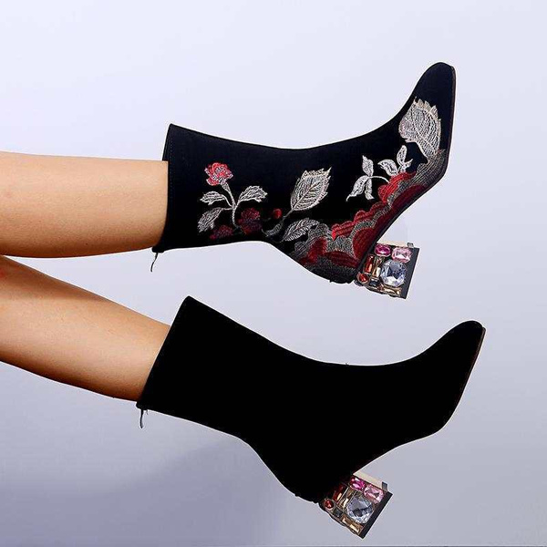 Women Chunky Heel Mid-calf Boots Square Toe Flower Embroidery Casual Boots  | Wish