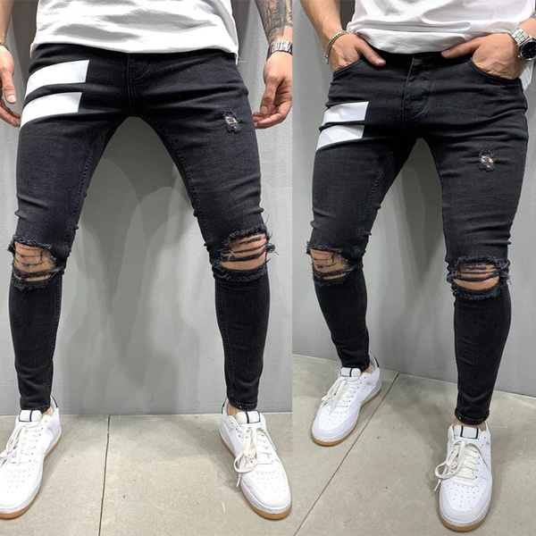 Men Jeans Streetwear Faded Blown Out Knee Fit Casual Street Fashion | Wish