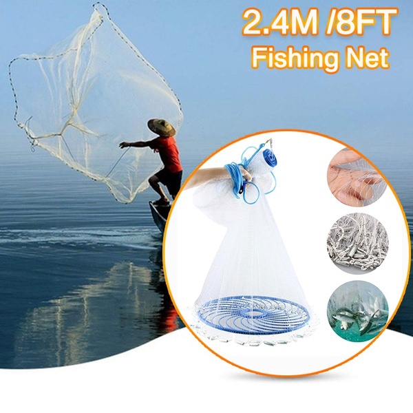 8FT 2.4M Full Spread Quick Hand Throw Fishing Net With Flying Disc Easy Cast  Strong Nylon Mesh Sinker Cast Net