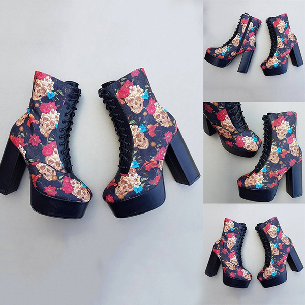 Halloween alternative wedding rock your sole boot skulls and roses boot chunky heels Platform shoes skull gothic skull pastel goth