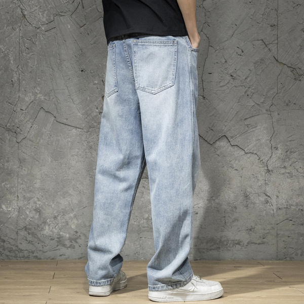 Men Wide Leg Jeans 80s Vintage Straight Denim Pants Slim Fit