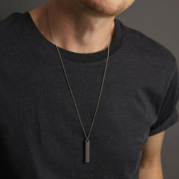 New Black Rectangle Pendant Necklace Men Trendy Simple Stainless Steel ...