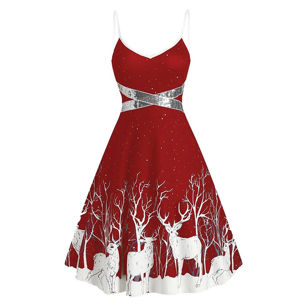 Christmas Dresses for Women Sleeveless Sling V Neck Xmas Reindeer Print Dress