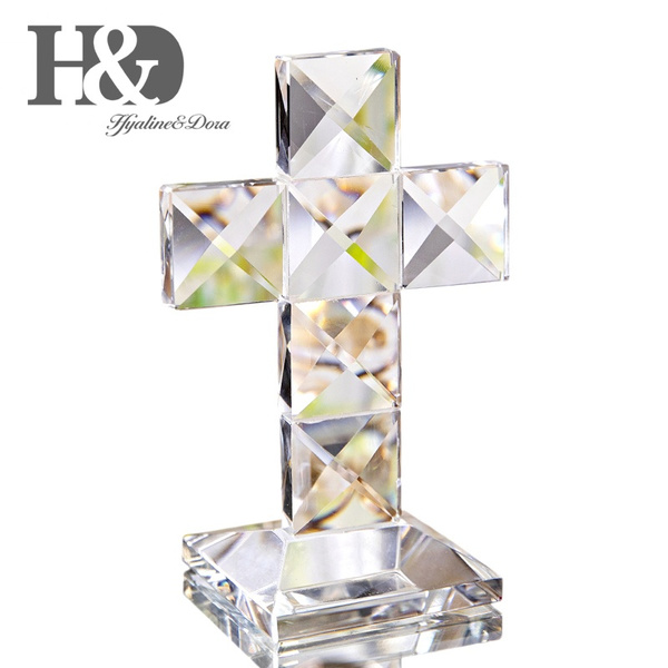 H&D Crystal Cross Traditional Standing Cross On Base Clear Glass
