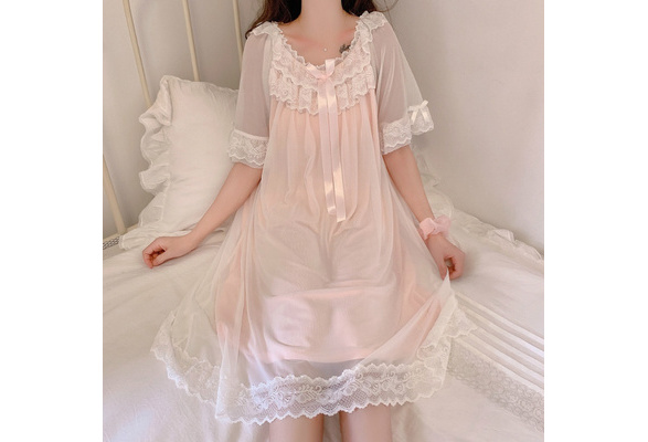 Women Lolita Nightdress Floral Lace Ruffle Sleepwear Nightgown Princess Cute
