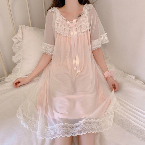 Lady Girls Lolita Nightdress Ruffle Lace Retro Sleepwear Nightgown Princess Cute