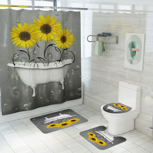 Waterproof Bath Shower Curtain Sets Toilet Cover Non-Slip Bath Mat Rug  Carpet Set Toilet Seat Bathroom Decor Accessories