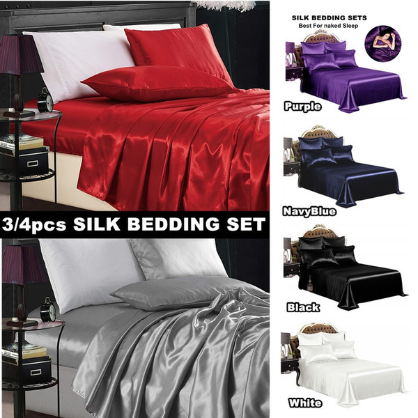 Super Romantic Red Black Grey Purple White Luxury Damask Satin Silk Bedding Set For Sleep Full Queen King Size Flat Sheets Fitted Bed Sheet Pillowcases 3 4pcs No Comforter Wish Luxury Damask Satin Silk Bedding, Black Silk Bed Sheets King Size