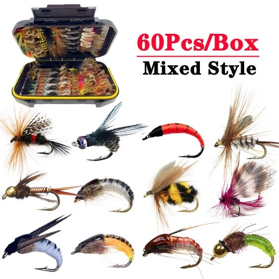 60Pcs/Box Mix Styles Wet Dry Fly Fishing Flies Lure Set Fly Tying Material  Wet Hand Tied Nymph Flies for Trout Pike