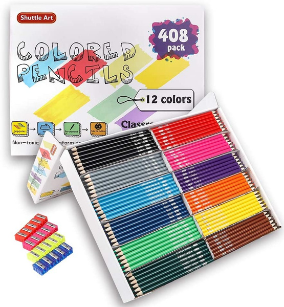 Colored Pencils Bulk, Shuttle Art 408 Pack Coloring Pencil Set Plus 20  Sharpeners, 12 Assorted Colors, Classroom Pack School Supplies 