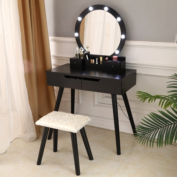 Bulb 4 Drawers Vanity Table Set Black, Dressing Table With Round Mirror