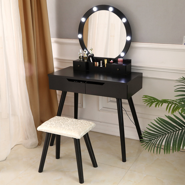 Dressing Table With Single Round Mirror Bulb 4 Drawers Vanity Set Black Wish Bulb 4 Drawers Vanity Table Set Black, Dressing Table With Round Mirror