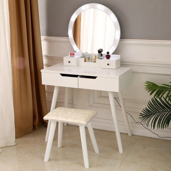 Wood Makeup Dressing Table With Single Round Mirror With Bulb 4 Drawers Vanity Table Set Black White Wish