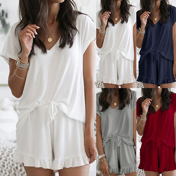 Summer Women Casual Homewear Clothes Comfortable Pajamas Suits 2 Piece  Outfit Loose Short Sleeve Tops + Short Pants
