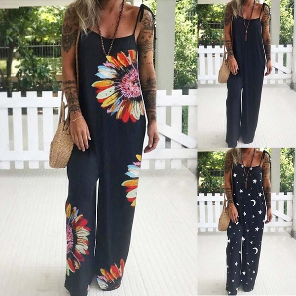 DINGANG Womens Plus Size Off Shoulder Summer Floral Print Jumpsuits Sleeveless Long Pants Casual Jumpsuits Rompers