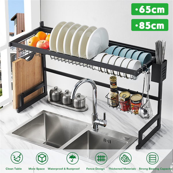 65/85CM Utensil Dish Drying Rack Over Sink Drainer w/ Cup Holder Stainless Steel 