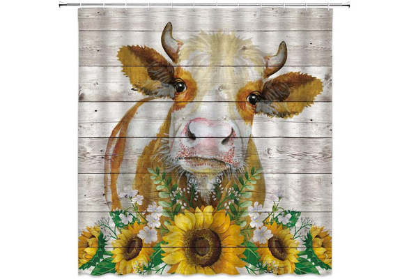 Shower Curtain Farm Cow Sunflower Decor with Cattle on Grey Barn Wood Gift New 