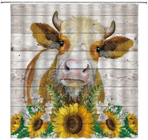 Cow Shower Curtain Rustic Farmhouse Funny Animals Sunflower For Bathroom Decor 
