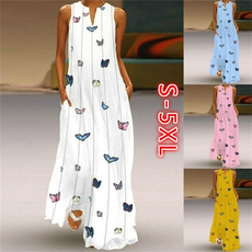 butterfly, V Collar, printeddre, long dress