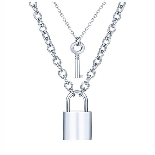 Punk Hiphop Rock Gothic Style Lock And Key Padlock Necklace Pendant Influx  Silver Stainless Steel Double Layer Choker Lock Chain Necklace For Women 
