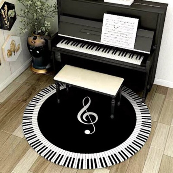 Round Carpet Music Symbol Piano Key Mat Floor Black White Anit-Slip Home Bedroom 