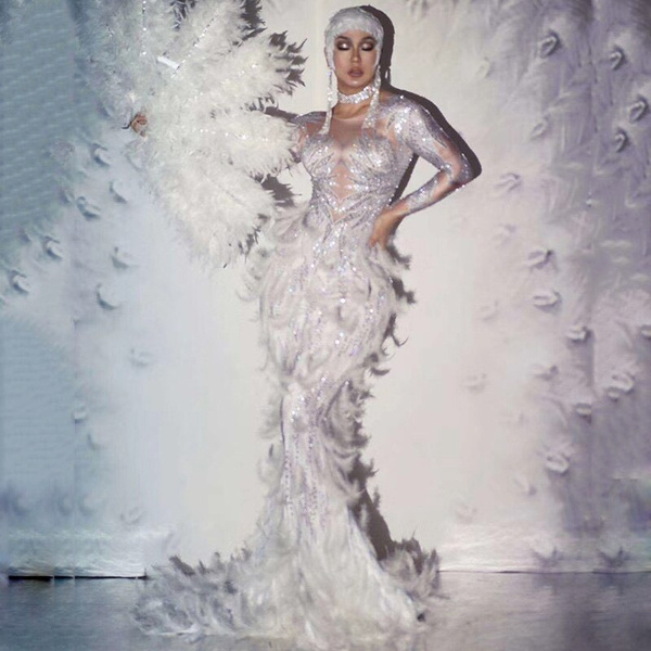 white feather evening gown