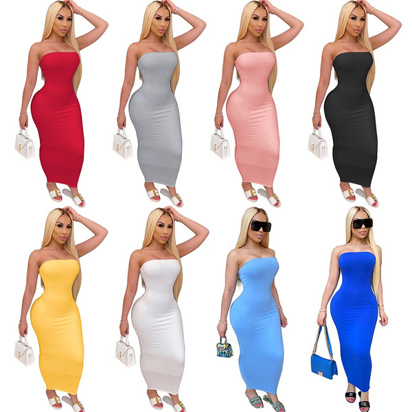 Fashion Women's Sexy Tight Tube Top Elasticity Solid Color Casual Dress ...