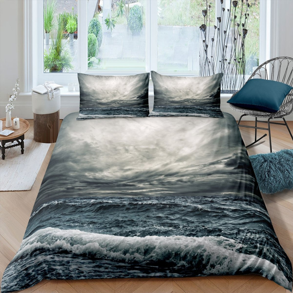 Ocean Wave Comforter Cover Dark Clouds, Grey Bedding Twin Size