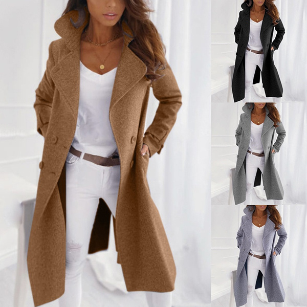 New Fashion Women Lapel Woolen Coat Casual Loose Long Trench Coat ...