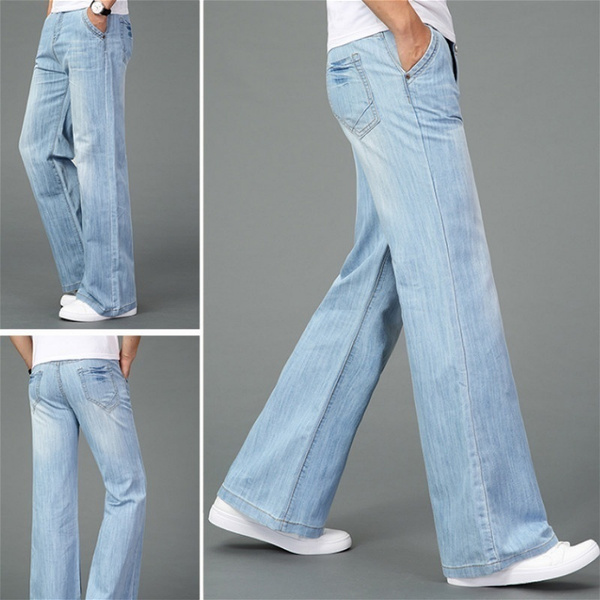 Mens 60s 70s Vintage Flared Denim Pants Wide Leg Slim Fit Bell