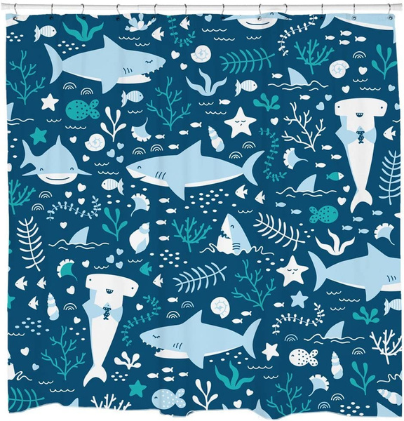 Fun Shark Shower Curtain Set with Cute Blue Fish Ocean Themed Bathroom for  Kids and Teens Hooks Included