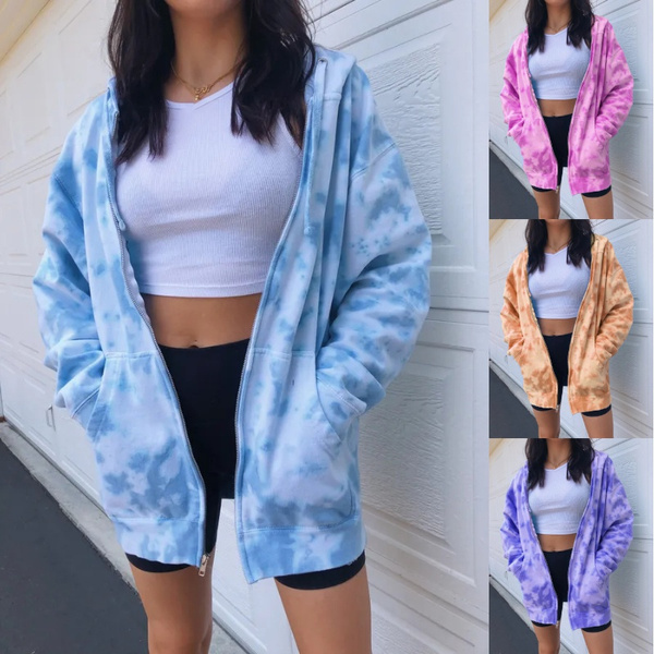 NEW Women s Fashion Zip Up Tie Dye Hoodie Plus Size Casual Sweatshirt Jacket