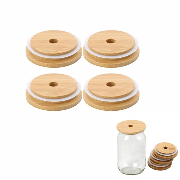 Reusable Bamboo Jar Lids 70MM Bamboo Jar Lids with Straw Hole for