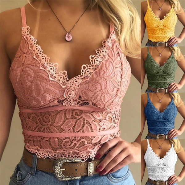 Womens Sexy Floral Lace Bralette V Neck Crop Tops Soft Cami Solid Color  T-Shirts