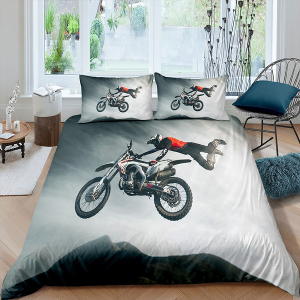 Feelyou Mountain Bike Bedding Set Kids Boys Teens Motocross Racer Extreme Sport Theme Duvet Cover 3D Dirt Bike Comforter Cover Bicycle Rider Bedspread Cover,Room Decor 2Pcs Bedding Twin Size,Zipper 