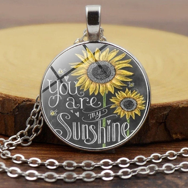 You Are My Sunshine Sunflower Cabochon Glass Silver Chain Pendant Necklace